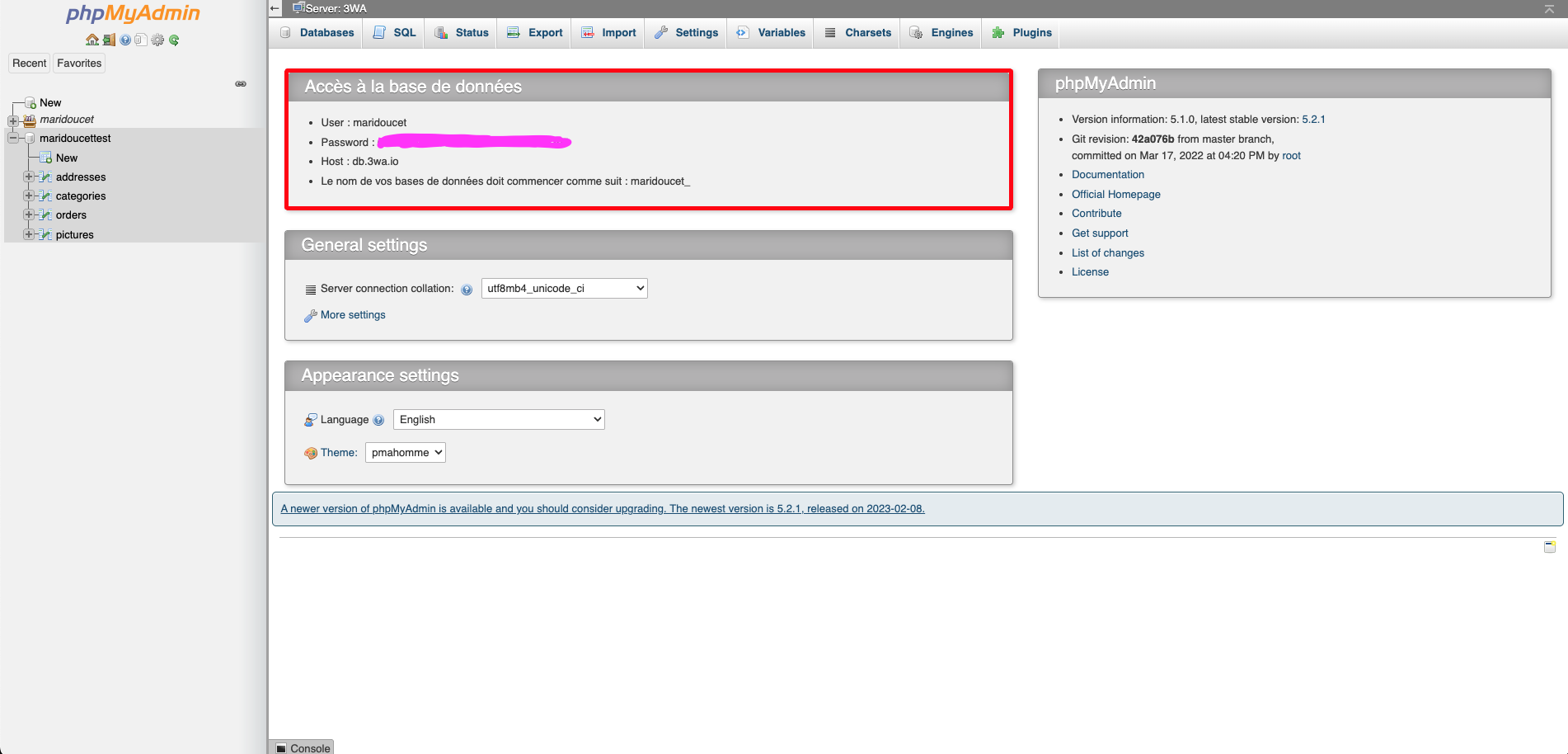 phpmyadmin identifiants
